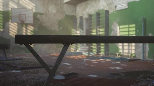 Abandoned Gymnasium with Deteriorating Walls and Sunlight Streaming in