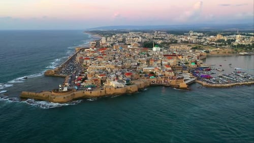 aerial drone view, Middle East, Israel. View of ancient city of Acre on the Mediterranean with sea a