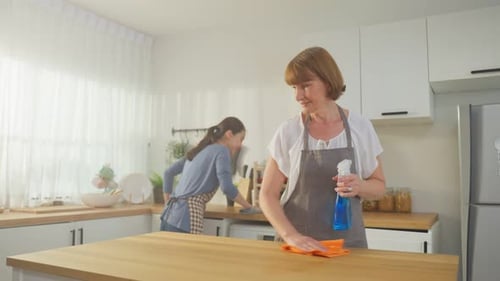 Women Cleaning a Kitchen Table Together