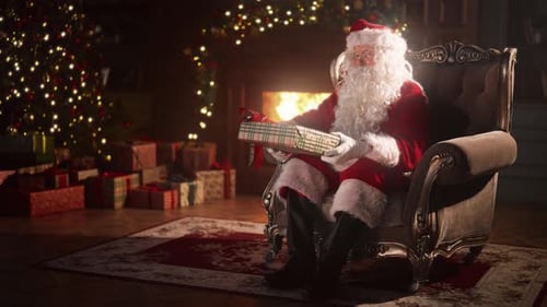 Santa Claus Holds Gift, Waves in Christmas Setting