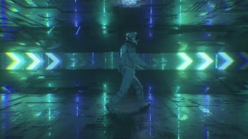 Futuristic Background Of Walking Astronaut In Sci Fi Neon Glowing Tunnel