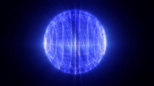 Eine blaue Kugelstruktur aus komplizierten Linien, die ein Netz bilden und Licht aus ihrem Kern abstrahlen, sym