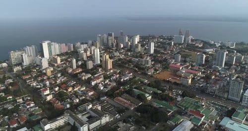 Aerial view of buildings and roads, Mozambique.