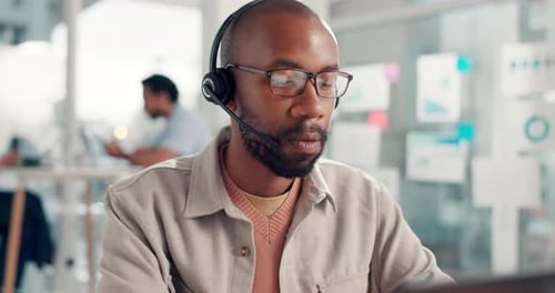 Businessman, agent and headset with laptop in office for customer service or online advice