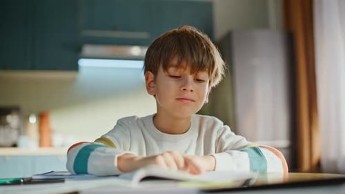 Schoolboy Solving School Task Thinking Subject Sitting Home Kitchen Desk Closeup