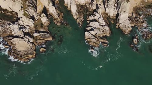Wild Rocky Cliffs By Sea Aerial View By Drone Top View Cliffs Bask Bright Sun Sea's Beauty Beneath