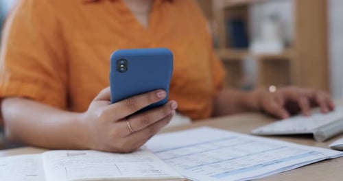Business woman, hands and typing, phone and communication with technology