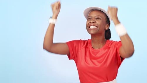 Athlete woman, sports and celebration for winning or achievement against a studio background