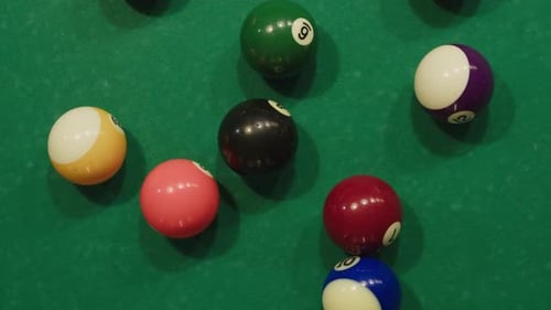Playing American Billiard Poule Closeup Colorful Balls on Green Billiards Table Billiard Balls with