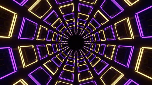 Purple And Yellow Neon Squares In Glossy Tunnel Background Vj Loop In 4K