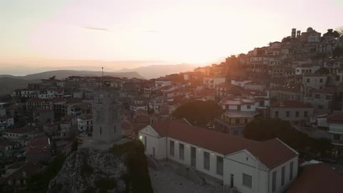 Aerial footage over greek village Arachova before the sunset