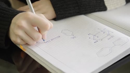 Die Hand einer Person schreibt Formeln der organischen Chemie in ein Notizbuch aus Rasterpapier.