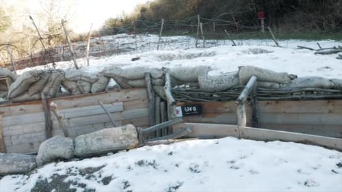 German front line First World War trench system. This World War 1 trench features barbed wire, sandb