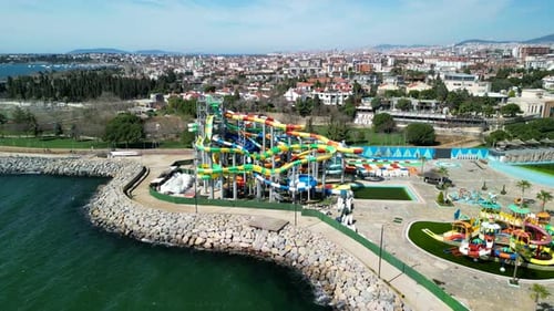 Istanbul, Turkey circa 2023: Marina Aquapark, Seaside park fly backward shot