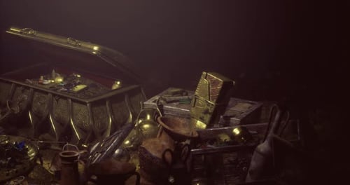 Ancient Gold Treasure Chest with Jewels and Artifacts