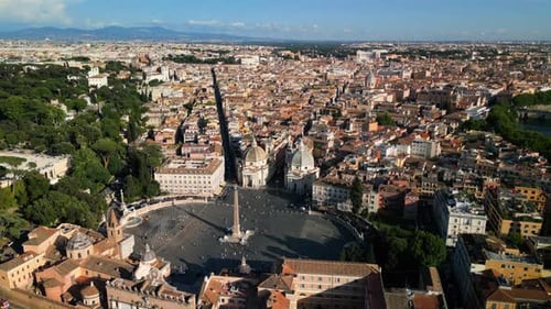 Spectacular Drone Shot Above Piazza del Popolo in Downtown Rome, Italy