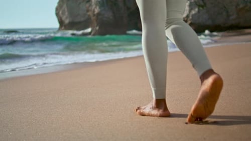 Woman Feet Walking Wet Sand Beautiful Beach Close Up. Unknown Girl Wearing