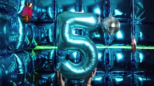 Fifth Celebration with Foil Number 5 Balloon and Reflective Disco Balls Party Atmosphere