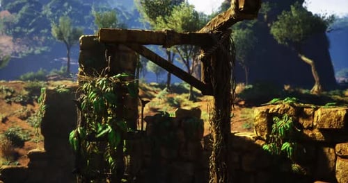 La croissance naturelle prend le dessus sur une ancienne structure en pierre dans un paysage ensoleillé