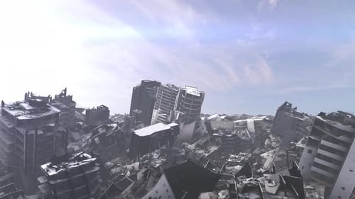 destroyed city after earthquake or war, aerial daylight view.