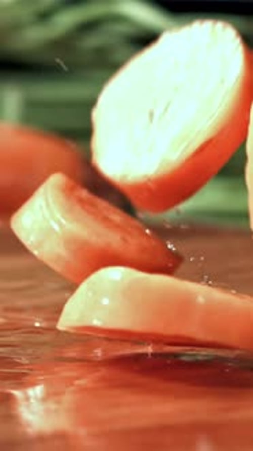 Pieces of Chopped Carrots Fall Onto a Wet Board Filmed on a Highspeed Camera at 1000 Fps