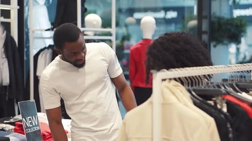 Close Up Happy African American Couple Choosing Clothes at Clothing Store Smiling Family Woman