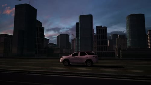 Car Driving on Highway in Modern City at Night