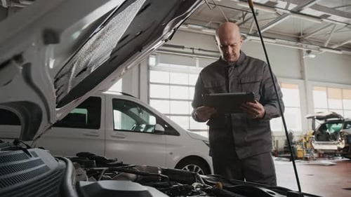 Mechanic Uses Tablet to Inspect Car Engine
