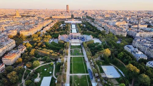 Paris Champ de Mars park and garden in France, aerial view from Eiffel Tower