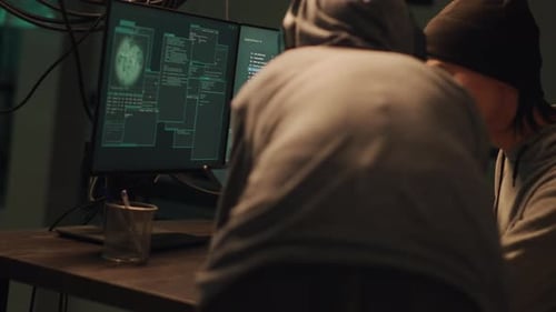 Hackers Work Together at Computer Station