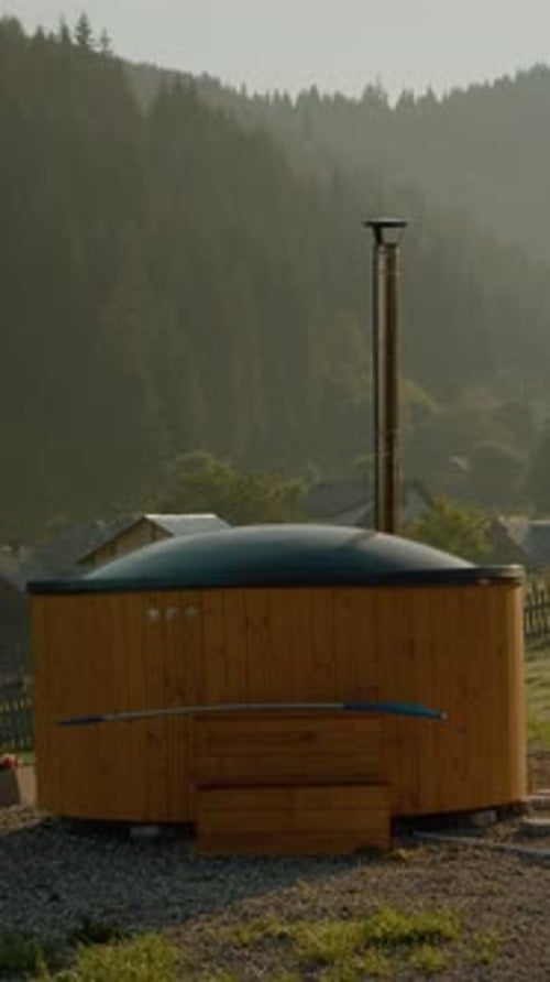 Vertical video Morning retreat in a mountain landscape with a cozy cabin and fir trees