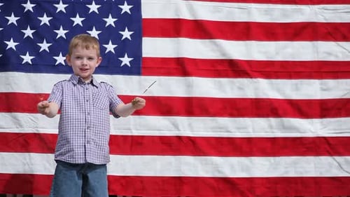 Boy with Sparklers in Front of American Flag