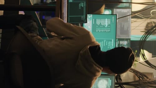 Hacker working at Computer in Cluttered Room