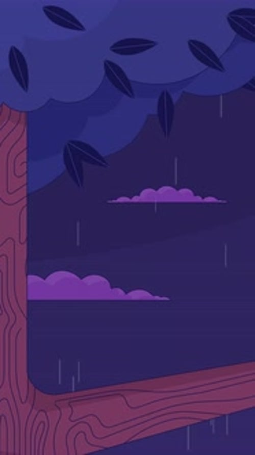 Lofi rainy tree branch against tranquil forest nightfall vertical animation background