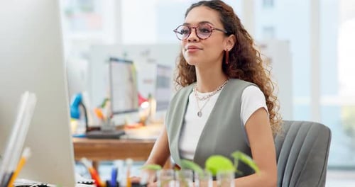 Computer, research and businesswoman working in the office for a creative project research