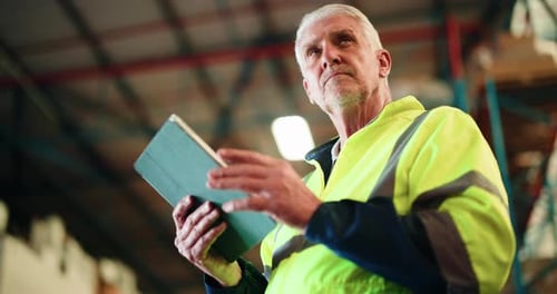 Logistics, low angle or man in warehouse with tablet, inspection or stock control in shipping