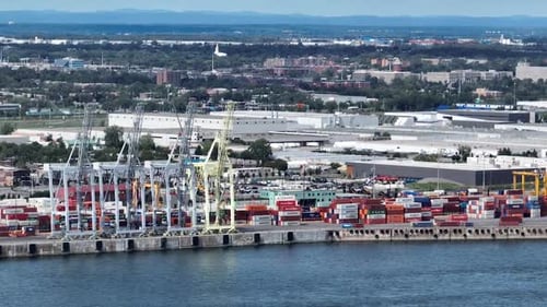 Aerial view of Montreal docks and shipping containers