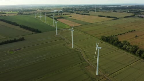 Wind Power Plant in a Field with Wheat Aerial View