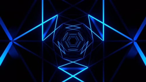 Blaue Neons bewegen sich entlang des sechseckigen Gittertunnel-Hintergrunds VJ Loop in 4K