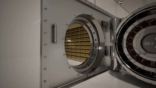 Bank Vault Door Open with Rows of Gold Bars Inside
