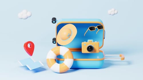 Camera and hat in the opening luggage