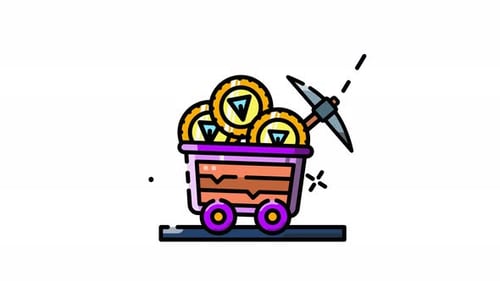 Animated Mining Cart with Cryptocurrency Tokens and Pickaxe