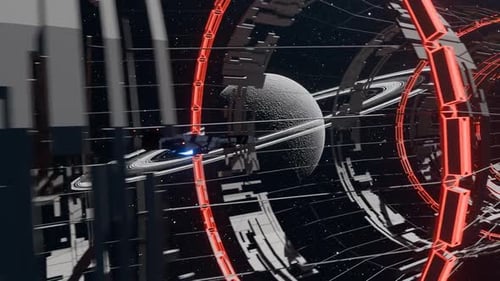 Space Ship Inside Space Station Planet At The Background