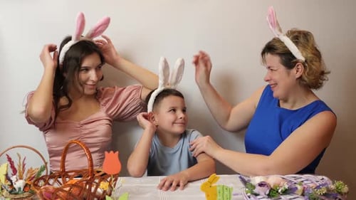 Family Wears Bunny Ears and Decorates for Easter