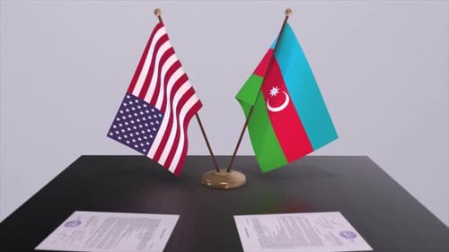 Azerbaijan and USA at the negotiating table, a diplomatic deal. Business and politics animation