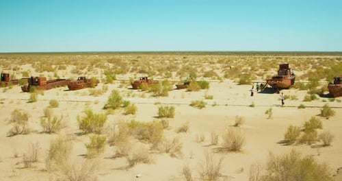 Aral Sea Desert Landscape With Abandoned Ship Remains at Muynak Karakal pakistan