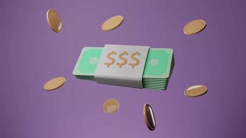 Coins falling around money stack, financial success and wealth concept