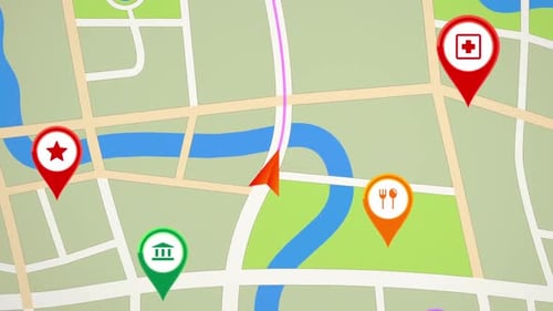 GPS-Navigationskonzept 2. Pfeil, der sich auf einer Karte vorwärts bewegt. Nahtlose Schleife.