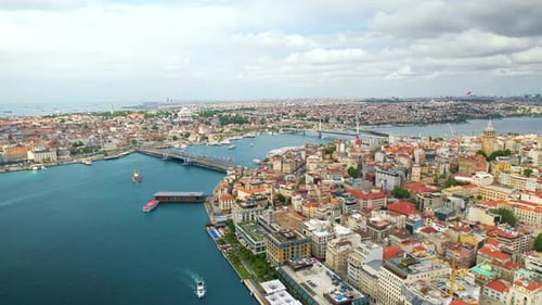 Aerial drone view of Istanbul, Turkey. Multiple residential buildings, mosques, Galata and Metro bri