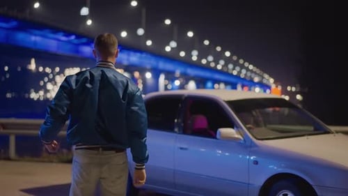 Silent Driver Under Glowing Bridge Nighttime Scene with Reflective Dashboard and Neon Illumination